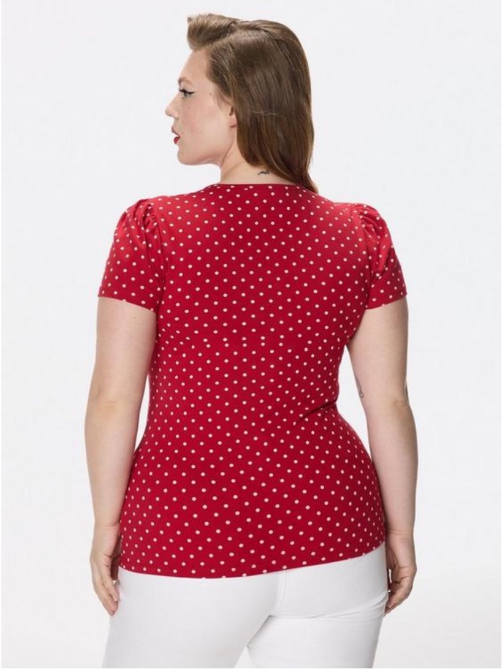 Torrid Retro Chic Button Neck Foxy Top in Commit Dot Red - Size 0/12 - NWT - Picture 3 of 16